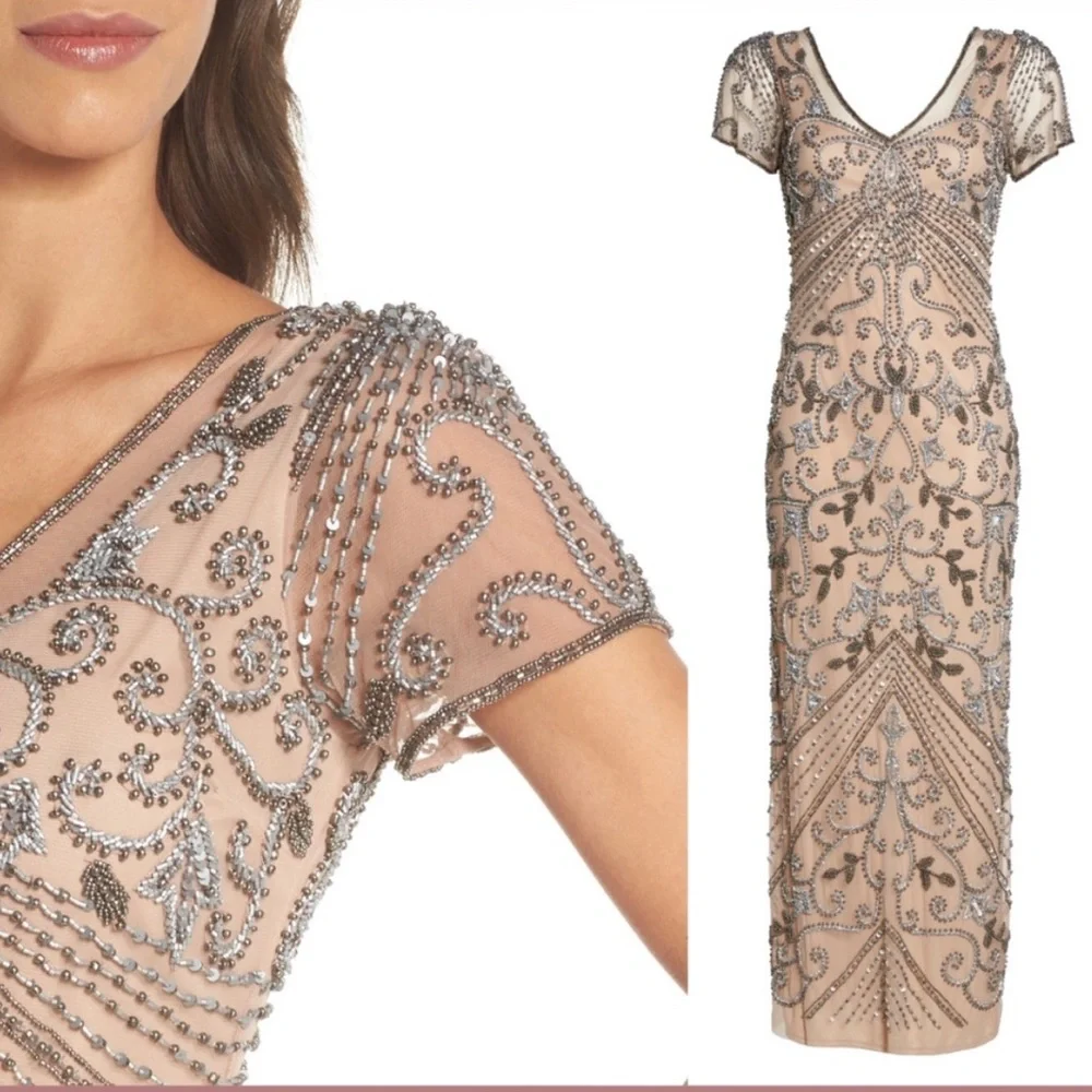 pisarro nights beaded mesh dress regular & petite BENITA Crystal Halter Satin Prom Dress
